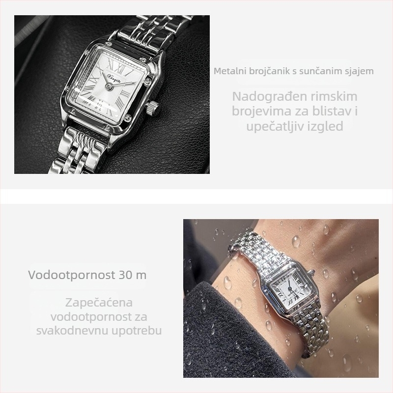 Ženski sat s kvadratnim brojčanikom, kvarcni mehanizam, model T002, promjer brojčanika 22 mm, debljina 7 mm, vodootpornost 30 m
