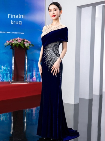 Formalna večernja haljina s otvorenim ramenima (off-shoulder), A-linija kroja, duga suknja, poliester