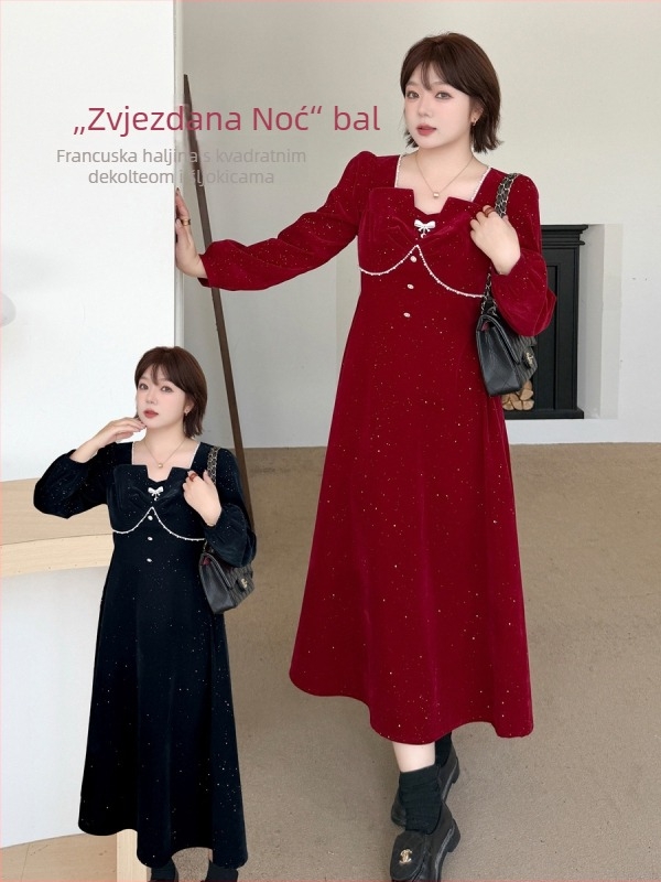 Ženska haljina s francuskim stilom, flocking tkanina, poliester-elastan smjesa, puf rukavi, kvadratni ovratnik