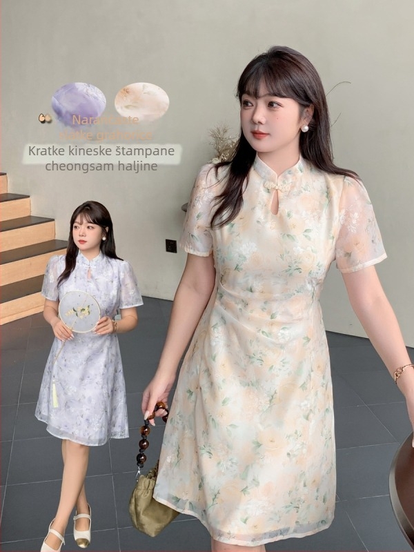 Cheongsam haljina retro stila, stojeći ovratnik, rukavi 3/4, A-linije suknje, midi duljina, poliester-pamučna smjesa