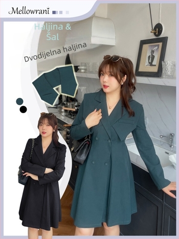 Plus-size ženski kostim-haljina za proljeće/jesen, dvodijelni set, s puff rukavima, ovratnik u stilu sakoa, A-linijska midi duljina, Twill tkanina (pamuk + Tencel)