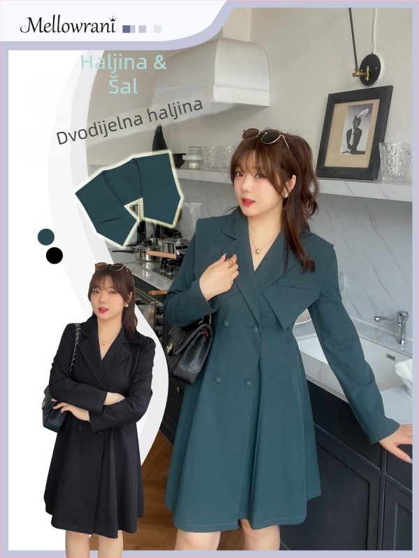 Plus-size ženski kostim-haljina za proljeće/jesen, dvodijelni set, s puff rukavima, ovratnik u stilu sakoa, A-linijska midi duljina, Twill tkanina (pamuk + Tencel)