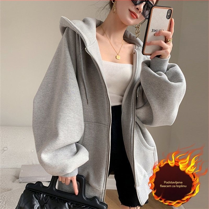 Ženski hoodie s kapuljom, fleec podstava za toplinu, Harajuku stil, slobodan kroj, dugi rukavi