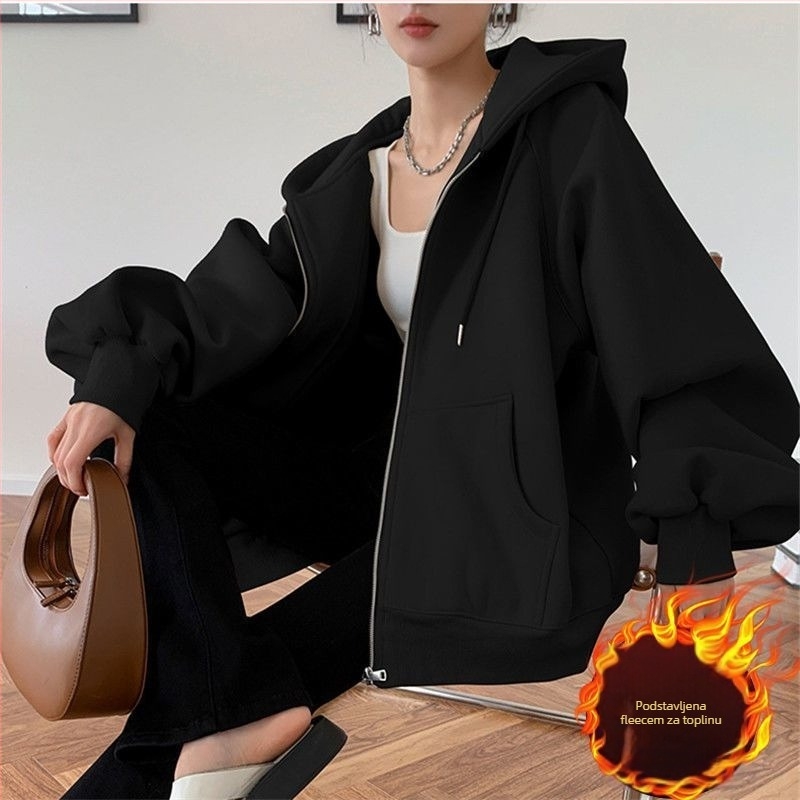 Ženski hoodie s kapuljom, fleec podstava za toplinu, Harajuku stil, slobodan kroj, dugi rukavi