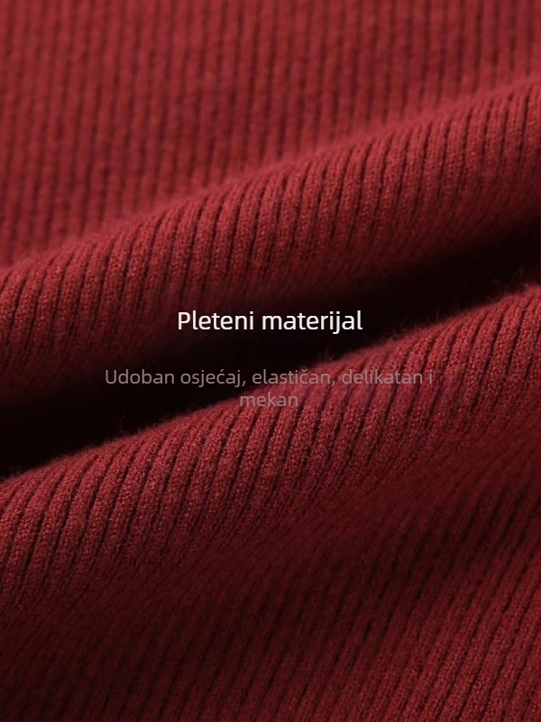 Ženski pleteni džemper s dugim rukavima i kosim ovratnikom — materijal: poliester; udio poliestera 30–50%; srednja debljina; regularna duljina 50–65 cm