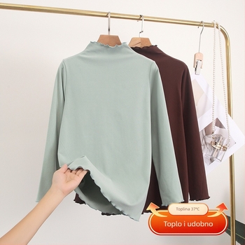 Ženski pleteni top s valovitim ovratnikom, De Velvet tkanina, mješavina poliestera i elastana, udoban kroj, dugi rukavi, standardna duljina (50–65 cm)