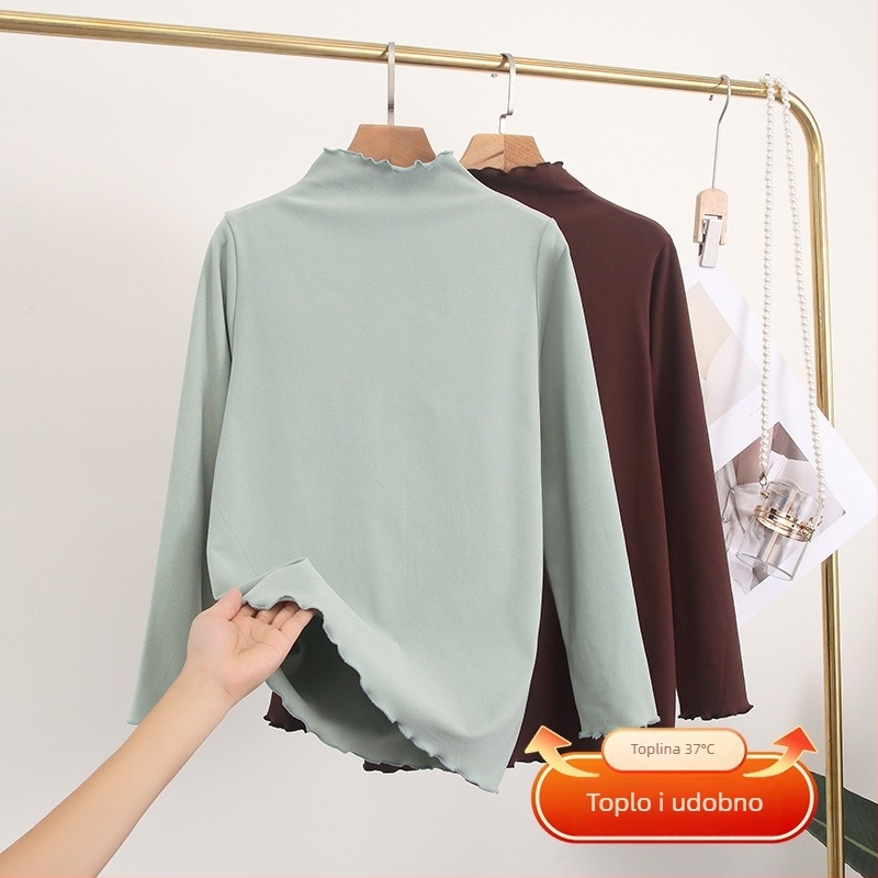 Ženski pleteni top s valovitim ovratnikom, De Velvet tkanina, mješavina poliestera i elastana, udoban kroj, dugi rukavi, standardna duljina (50–65 cm)