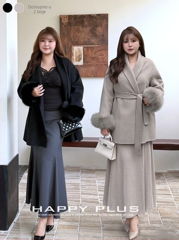 Luksuzni dvostruki vuneni kaput s lisovom krznom, jednostavan uzorak, mješavina vune i poliestera, dugi rukavi, duljina 80–100 cm