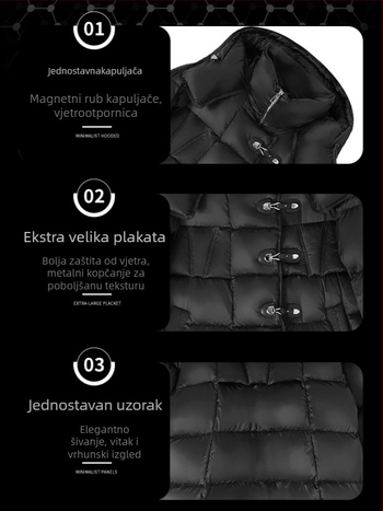 Ženska duga bijela patka down jakna, kapuljača, široki kroj, 86–90% perja, punilo 201–300 g