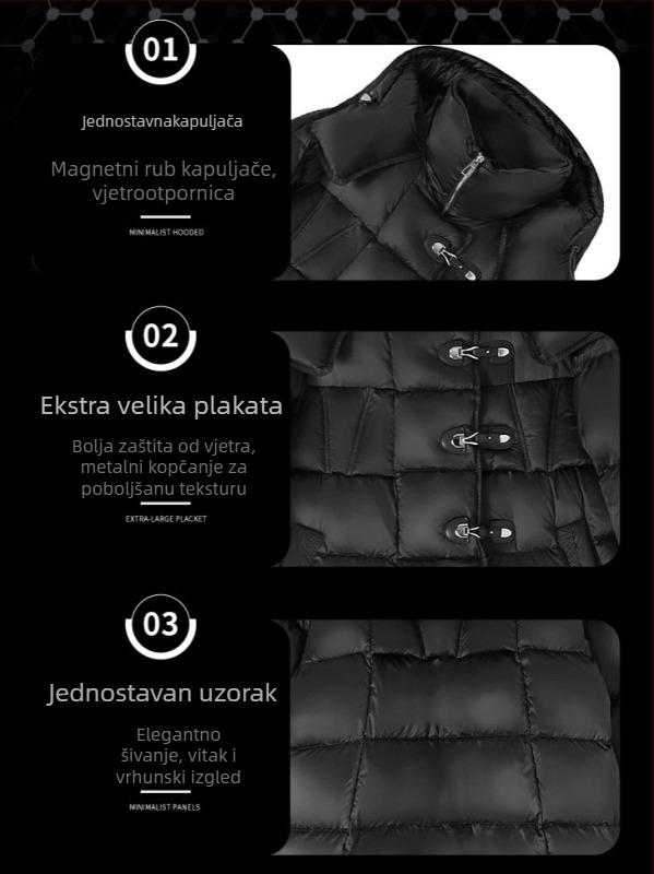 Ženska duga bijela patka down jakna, kapuljača, široki kroj, 86–90% perja, punilo 201–300 g