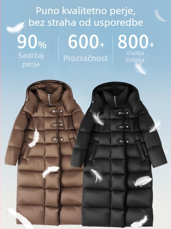 Ženska duga bijela patka down jakna, kapuljača, široki kroj, 86–90% perja, punilo 201–300 g