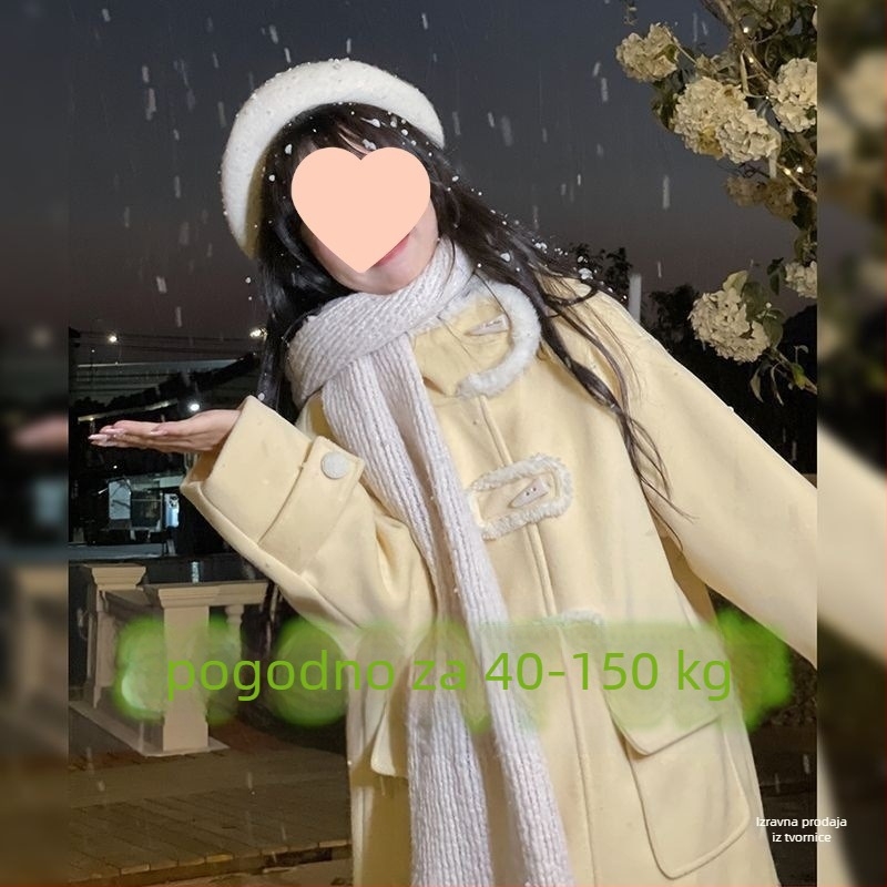 Ženski kaput s kapuljom od chenilla, srednje duljine, rukavi 3/4, džepovi