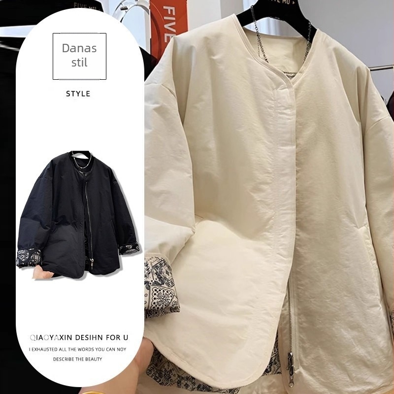 Ženska patchwork kratka jakna s polo ovratnikom, zatvaračem sprijeda, slobodan kroj, poliester