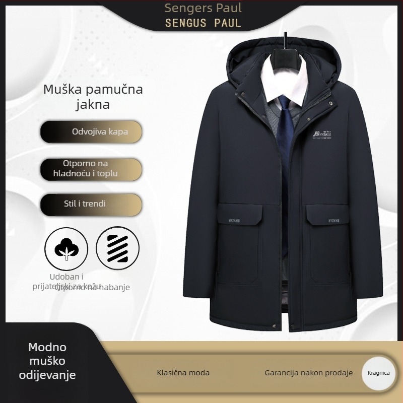 Muški debeli pamučni kaput s kapuljačom, srednje duljine, zatvarač, dvostrani, zimski (kapuljača, debeli, srednja duljina, zatvarač, dvostrani)
