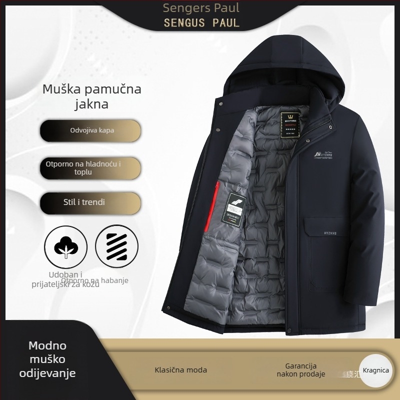 Muški debeli pamučni kaput s kapuljačom, srednje duljine, zatvarač, dvostrani, zimski (kapuljača, debeli, srednja duljina, zatvarač, dvostrani)