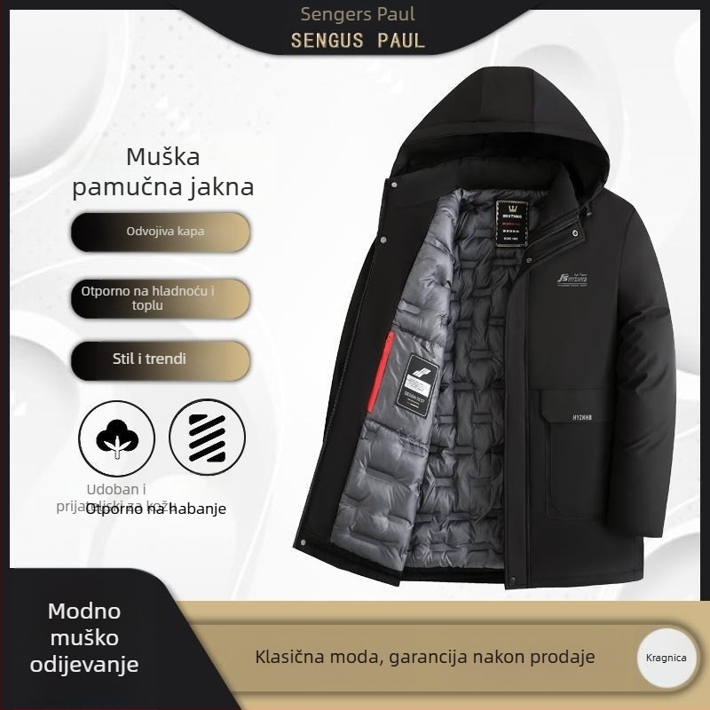 Muški debeli pamučni kaput s kapuljačom, srednje duljine, zatvarač, dvostrani, zimski (kapuljača, debeli, srednja duljina, zatvarač, dvostrani)