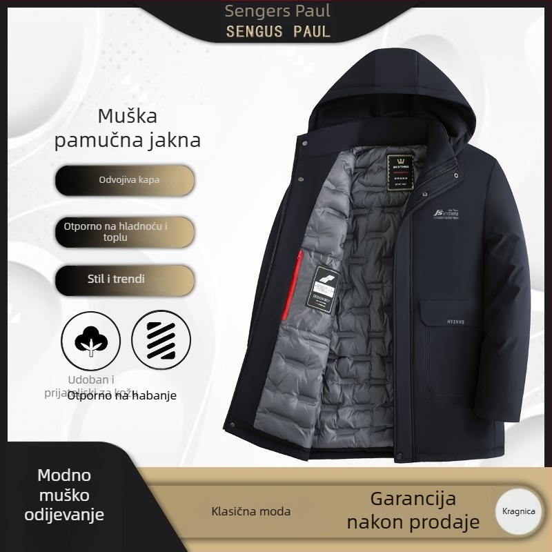 Muški debeli pamučni kaput s kapuljačom, srednje duljine, zatvarač, dvostrani, zimski (kapuljača, debeli, srednja duljina, zatvarač, dvostrani)