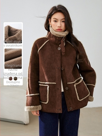 Kaput s krznenim ovratnikom, uzorak boja u blokovima, poliester, proljeće 2025, dugi rukavi