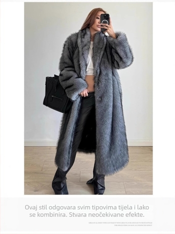 Bolavi ženski ekološki lažni krzneni kaput, produženi kroj, rever ovratnik, dugi rukavi, mješavina Spandexa, proljeće 2025, Stil Kraljevske Sestre