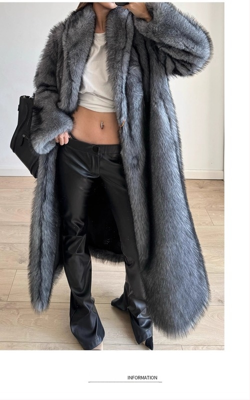 Bolavi ženski ekološki lažni krzneni kaput, produženi kroj, rever ovratnik, dugi rukavi, mješavina Spandexa, proljeće 2025, Stil Kraljevske Sestre