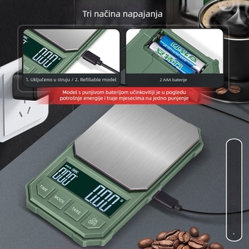 Visokoprecizna elektronička vaga za kavu s automatskim tajmerom, kapacitet 2 kg, elektroničko mjerenje, napajanje putem punjenja ili AA baterije
