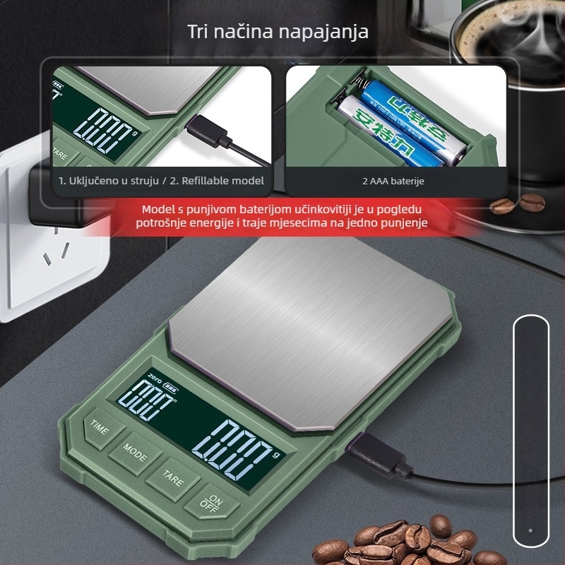 Visokoprecizna elektronička vaga za kavu s automatskim tajmerom, kapacitet 2 kg, elektroničko mjerenje, napajanje putem punjenja ili AA baterije