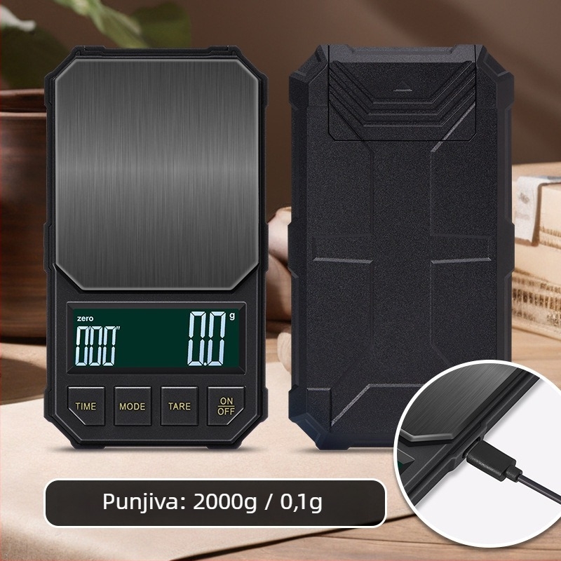 Visokoprecizna elektronička vaga za kavu s automatskim tajmerom, kapacitet 2 kg, elektroničko mjerenje, napajanje putem punjenja ili AA baterije