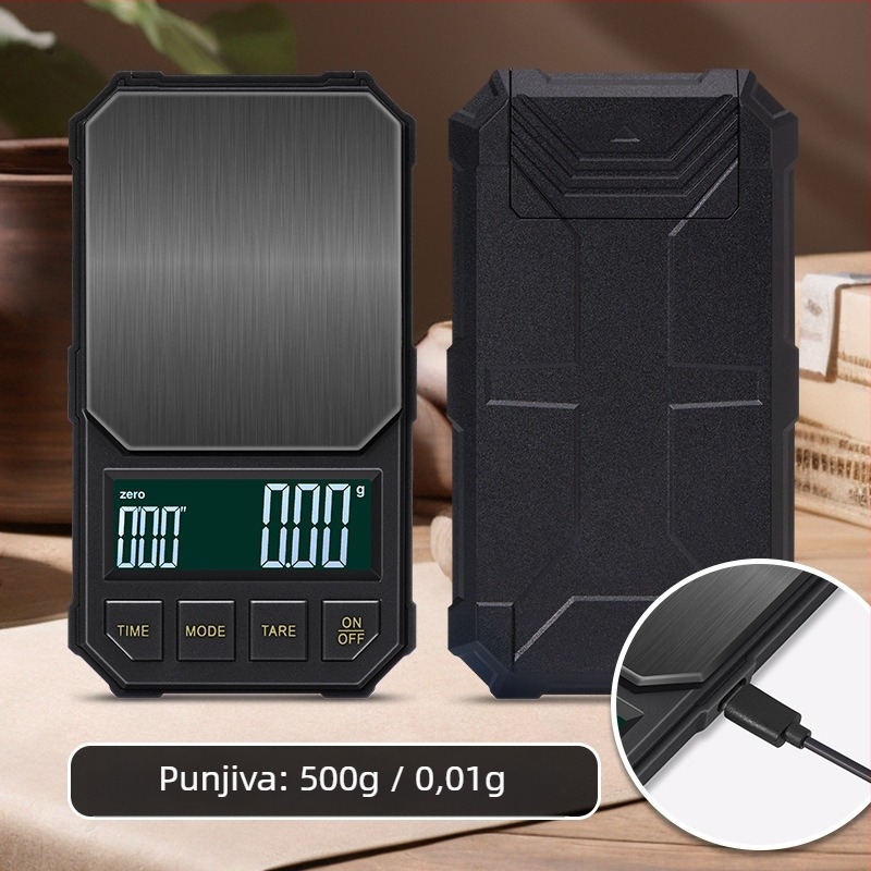 Visokoprecizna elektronička vaga za kavu s automatskim tajmerom, kapacitet 2 kg, elektroničko mjerenje, napajanje putem punjenja ili AA baterije