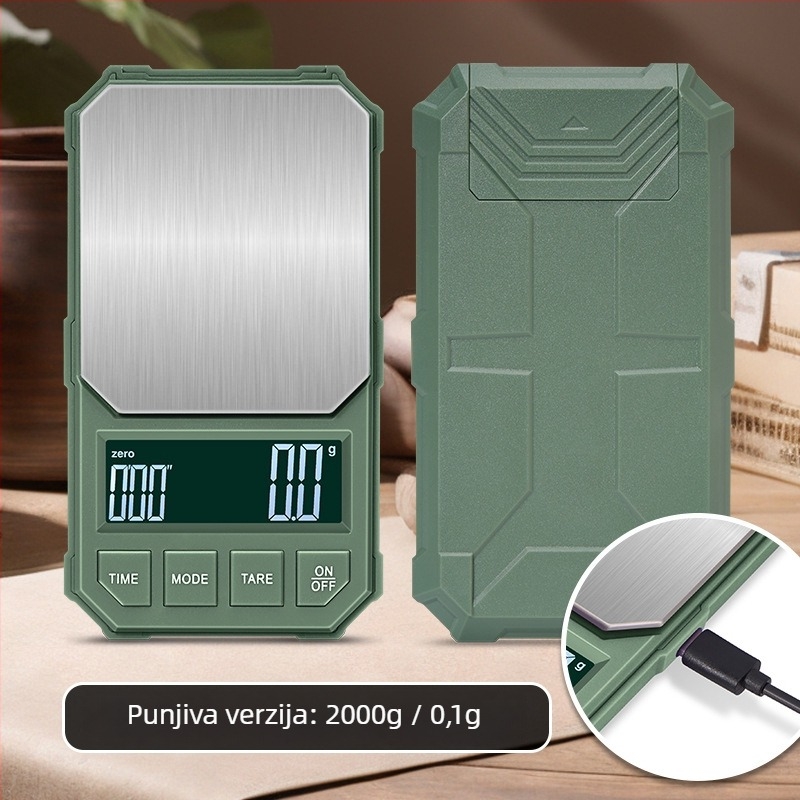 Visokoprecizna elektronička vaga za kavu s automatskim tajmerom, kapacitet 2 kg, elektroničko mjerenje, napajanje putem punjenja ili AA baterije