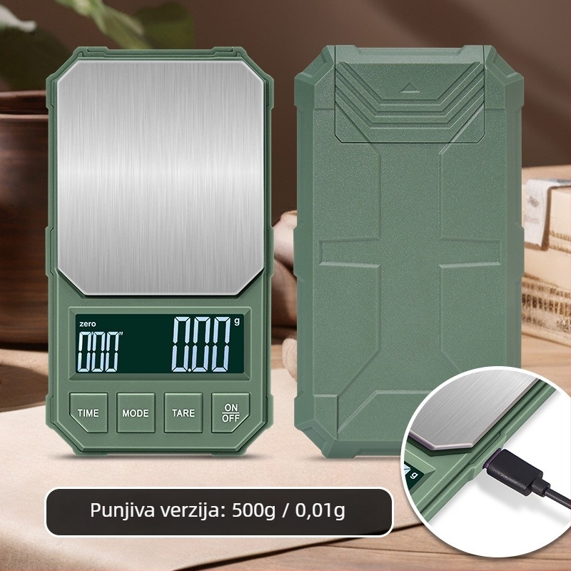 Visokoprecizna elektronička vaga za kavu s automatskim tajmerom, kapacitet 2 kg, elektroničko mjerenje, napajanje putem punjenja ili AA baterije