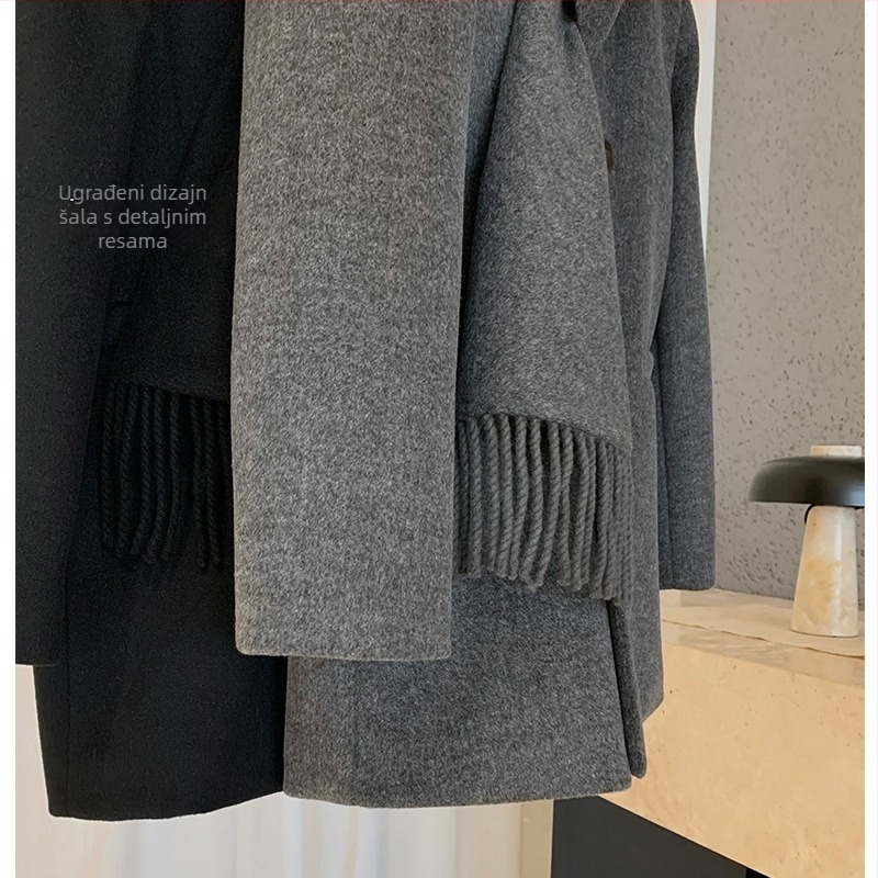 Ženski vuneni kaput s dvostrukim kopčanjem, visok ovratnik, srednja duljina, patchwork detalji