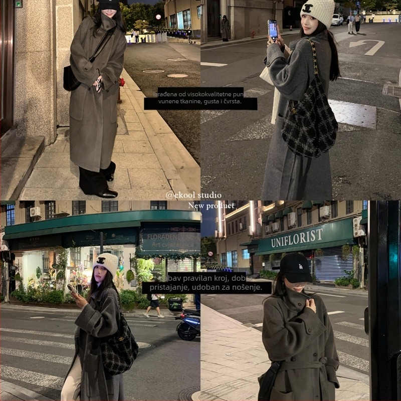 Ženski kaput od chenillea, krzneni ovratnik, dugi rukavi, širok kroj, jednostruko kopčanje, jednobojni uzorak