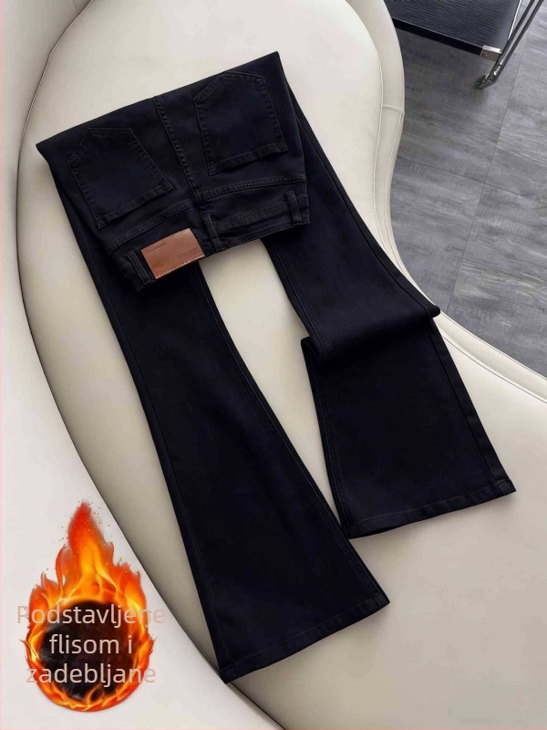 Crne ženske džinse bootcut s visokim strukom, elastične, pokrivaju bokove, vizualno sužavaju siluetu, dugi hlače s proširenim krojem, jesen 2025, plus size