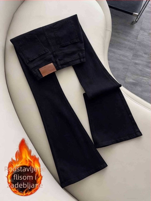 Crne ženske džinse bootcut s visokim strukom, elastične, pokrivaju bokove, vizualno sužavaju siluetu, dugi hlače s proširenim krojem, jesen 2025, plus size