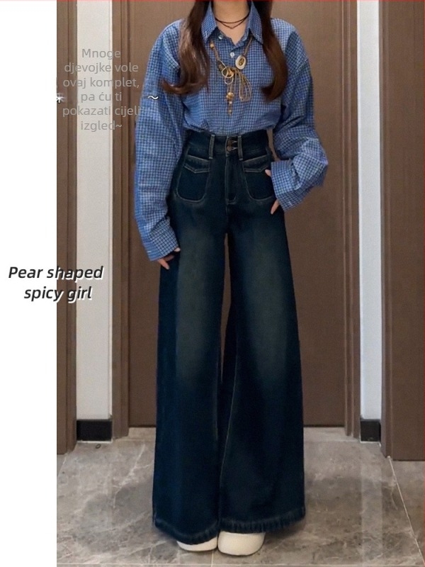 Ženske traperice s širokim krojem, visokim strukom, dugačke do poda, s višestrukim džepovima