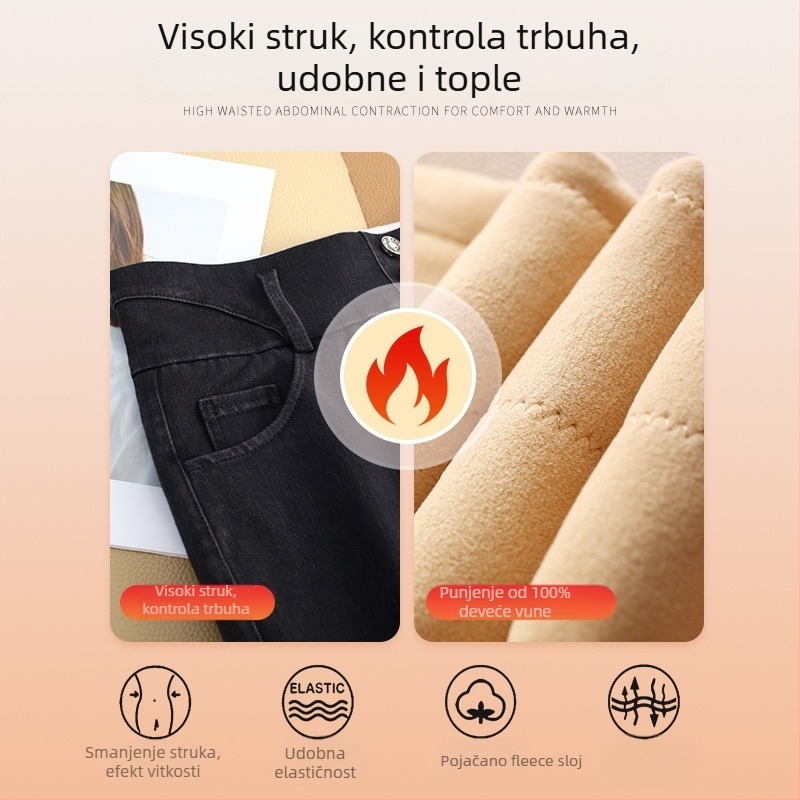 Ženske uske traperice - visoki struk, flis podstava, debeli denim s mješavinom dlake kamile, zima 2025