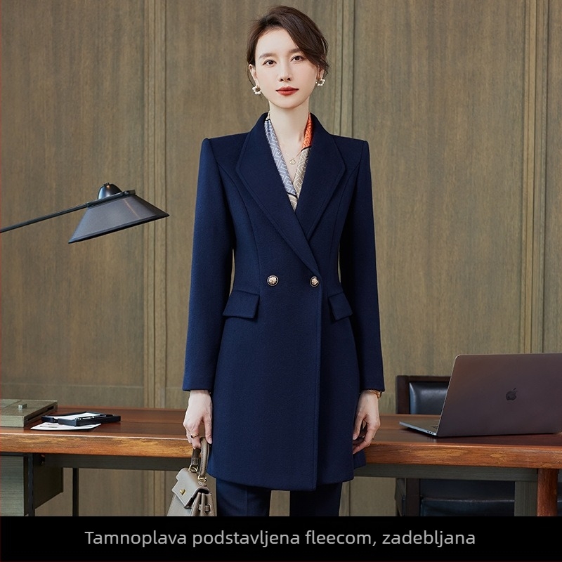 Ženski vuneni kaput srednje duljine za poslovni outfit, jesen-zima, debeli podstavljen kaput, uniforma recepcije