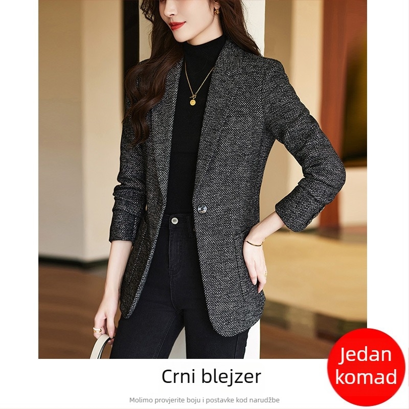 Žensko vuneno sako za kostim, houndstooth uzorak, debeli materijal, standardni kroj, zatvaranje sa jednim gumbom, zima 2023