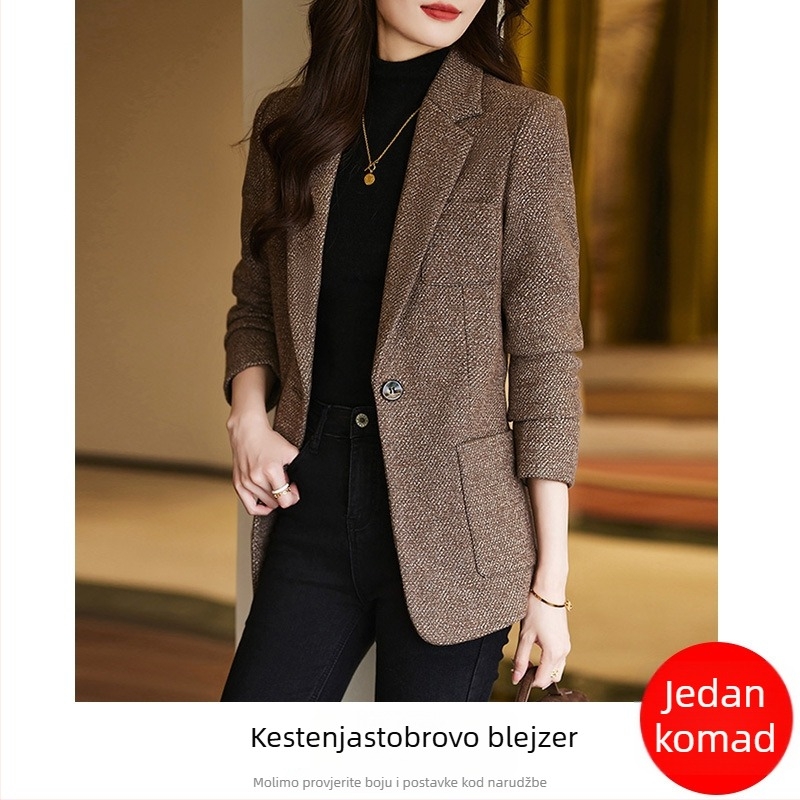 Žensko vuneno sako za kostim, houndstooth uzorak, debeli materijal, standardni kroj, zatvaranje sa jednim gumbom, zima 2023