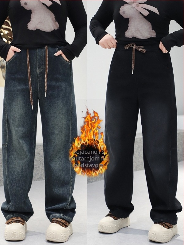 Ženske traperice s flis podstavom, visokim pojasom, opuštenim krojem, debeli denim s 50–70% pamuka i do 30% elastana, kaubojski stil, zimska sezona 2025