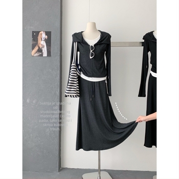 Korejskog stila dukserica s kapuljačom i suknja komplet, jednofarban, jesen 2025, pamuk-poliester