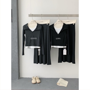 Korejskog stila dukserica s kapuljačom i suknja komplet, jednofarban, jesen 2025, pamuk-poliester