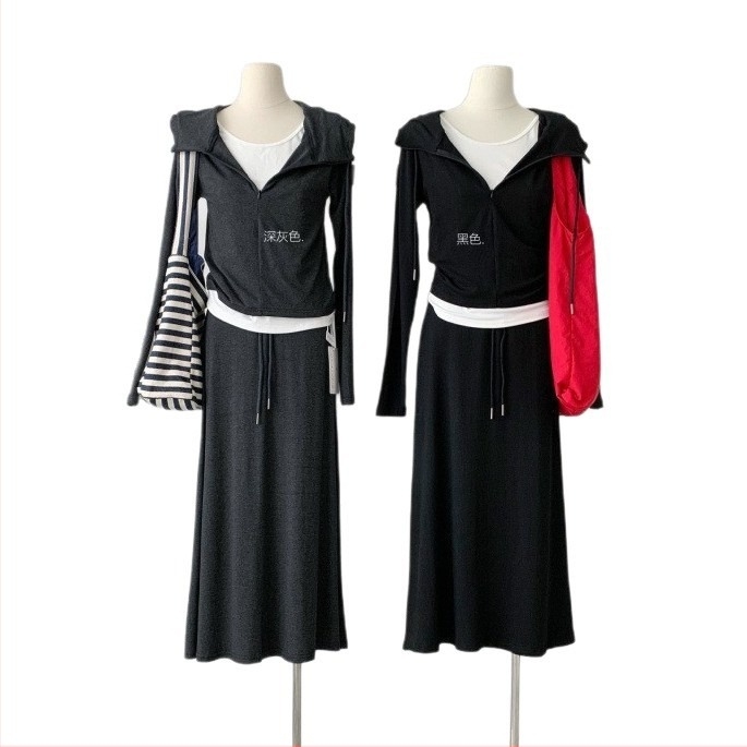 Korejskog stila dukserica s kapuljačom i suknja komplet, jednofarban, jesen 2025, pamuk-poliester