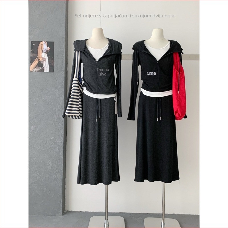 Korejskog stila dukserica s kapuljačom i suknja komplet, jednofarban, jesen 2025, pamuk-poliester