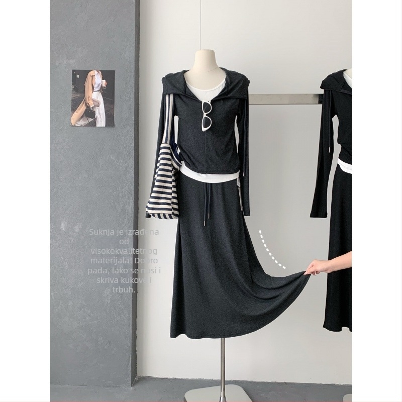 Korejskog stila dukserica s kapuljačom i suknja komplet, jednofarban, jesen 2025, pamuk-poliester