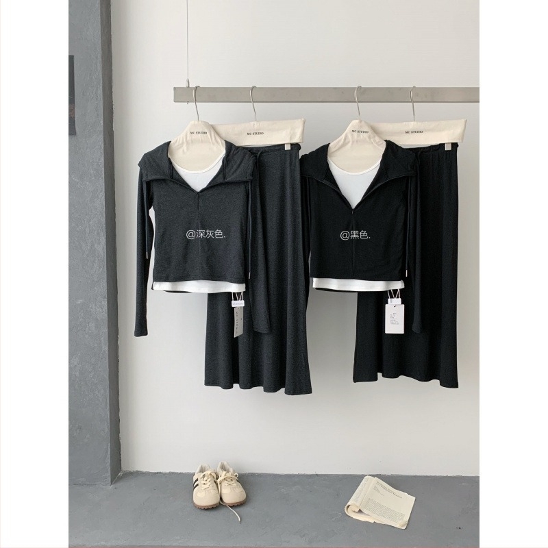 Korejskog stila dukserica s kapuljačom i suknja komplet, jednofarban, jesen 2025, pamuk-poliester