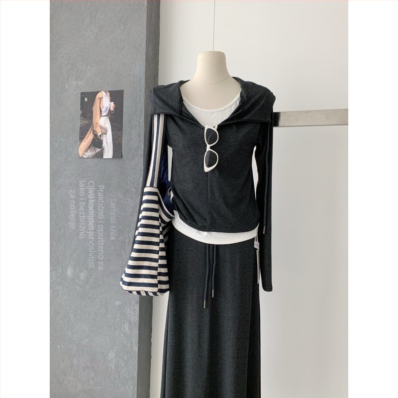 Korejskog stila dukserica s kapuljačom i suknja komplet, jednofarban, jesen 2025, pamuk-poliester