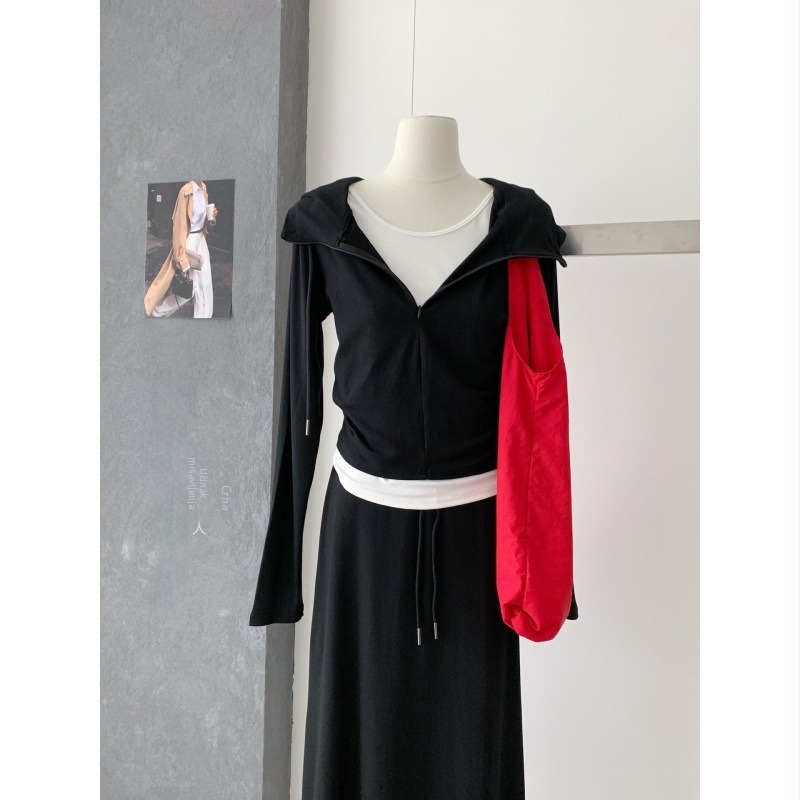 Korejskog stila dukserica s kapuljačom i suknja komplet, jednofarban, jesen 2025, pamuk-poliester