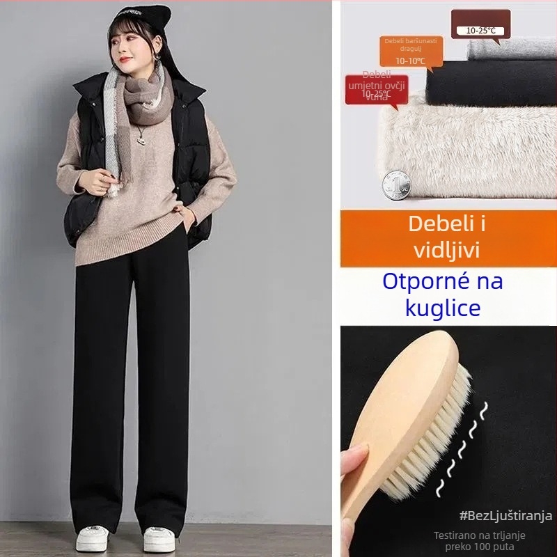 Ženske hlače s flecom, casual stil, široke nogavice, visok pojas, poliester