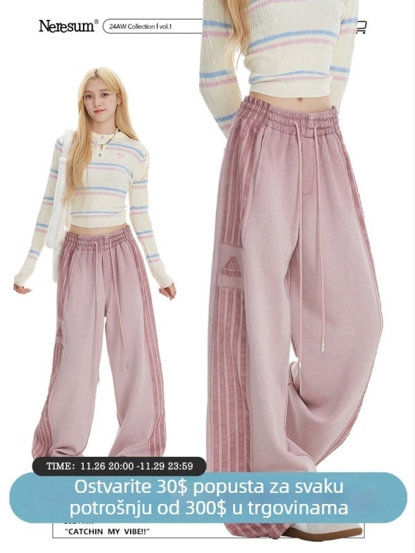 Ženske casual hlače širokih nogu, visokim strukom, poliester, literarno retro stil